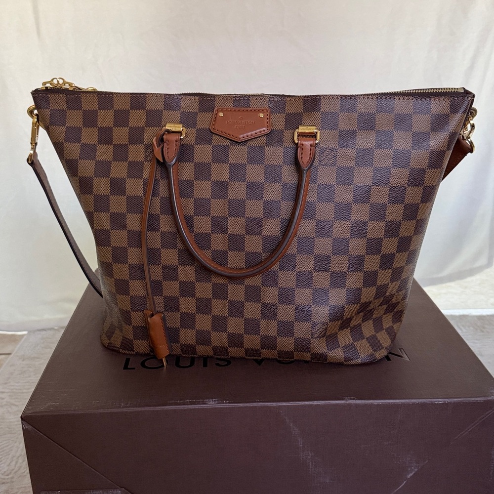 Louis Vuitton Brown Checkered Handbag with Gold Accents